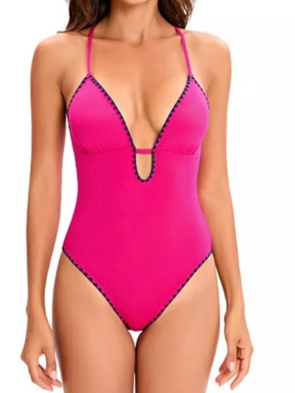 Lucky Brand Hot Pink Plunge One-Piece Swimsuit with Contrast Trim